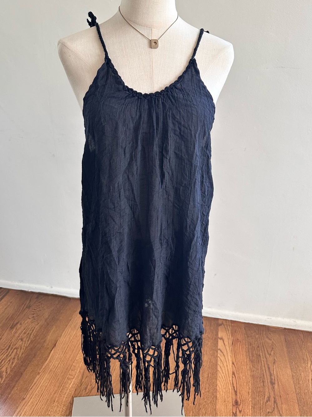 SHEIN Black Fringe Swim Cover-Up Tie Strap Beach Cover Up